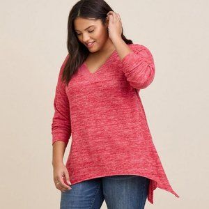 BNWT TORRID PINK RED SUPER SOFT PLUSH V-NECK DROP SHOULDER SHARKBITE HEM TOP